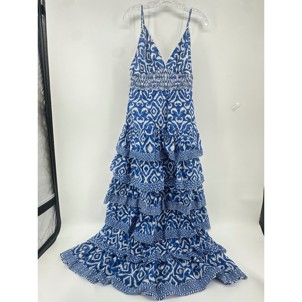 Alice + Olivia Imogene Blue Ikat Tiered Cotton Maxi Dress Size 10 Wedding Guest - Picture 2 of 16